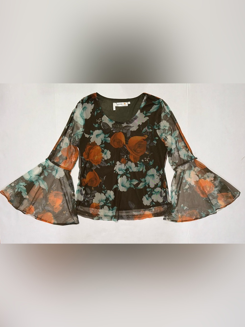 *Has HOLE* Y2K Brown Turquoise Floral Mesh Sheer Bell Sleeve Fairy Grunge Top M